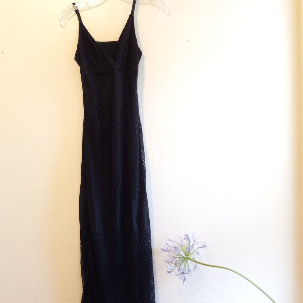 Vintage 90s Black Crochet Pointelle Maxi Slip Dress - Picture 1 of 15